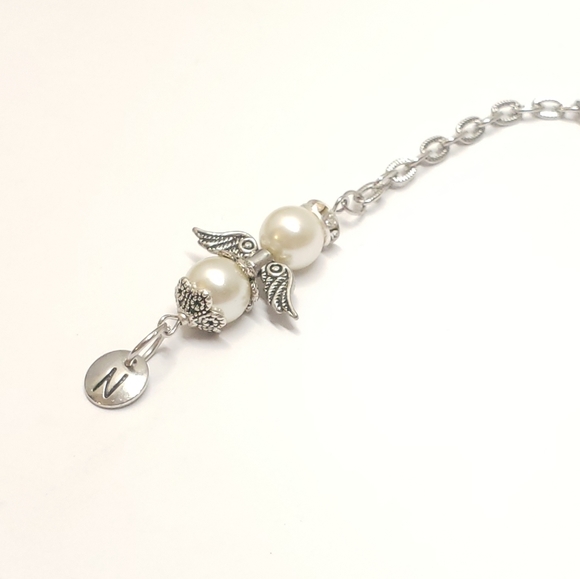 Handmade Pearl Beaded Guardian Angel & Intial Letter Rear View Mirror Charm Car - Picture 4 of 8